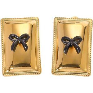 Gold Square Black Bow Earrings – Bold Geometric Design, Titanium Steel
